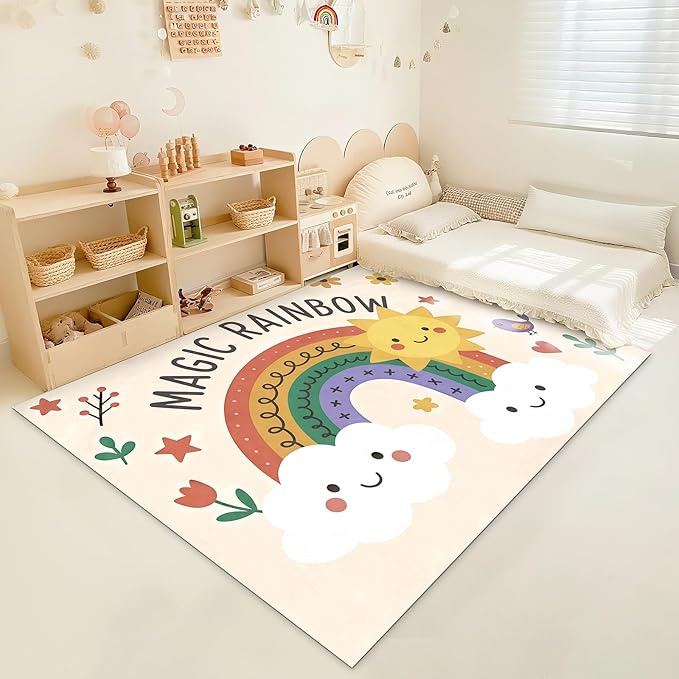Rainbow Sun Pattern Soft Girls Area Rug for Kids Room Washable Artificial Wool Bedroom Living Room, Funny Carpet Non-Slip Outdoor Indoor Floor Carpet Home Decor, 2'x3'