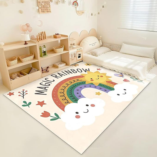 Rainbow Sun Pattern Soft Girls Area Rug for Kids Room Washable Artificial Wool Bedroom Living Room, Funny Carpet Non-Slip Outdoor Indoor Floor Carpet Home Decor, 2'x3'
