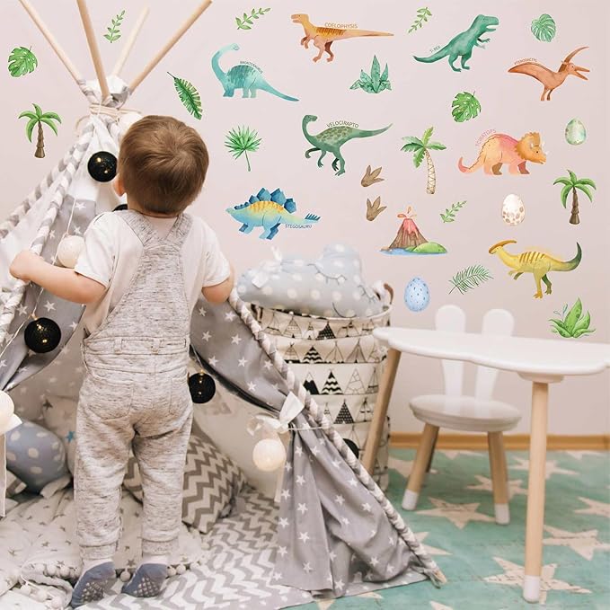 Wall Decals for Kids Room - Self Adhesive Removable Dino Palm Tree Wall Stickers, Jungle Nursery Bedroom Playroom Classroom Decor, Easy Peel & Stick Boys/Girls Home Art