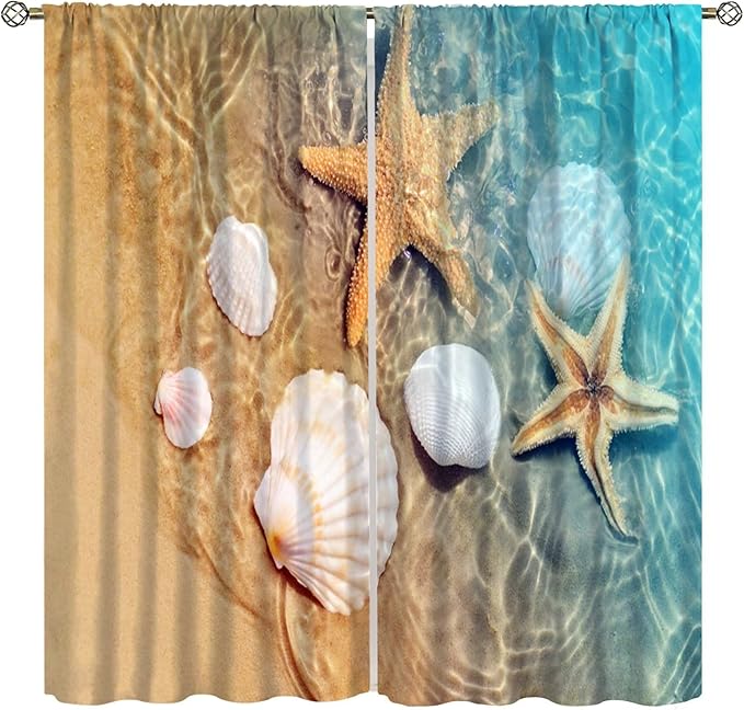 Beach Curtain for Bathroom Decor，Sea Turtle Starfish Seashell Nautical Ocean Coastal Scenery Art Printed Fabric Polyester Waterproof Set 2 Panels,72x63 Inches