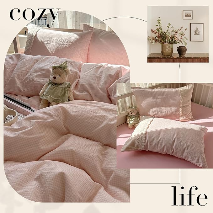 LifeTB Pink Gingham Duvet Cover King Size 3 Pieces Romantic Lace Duvet Cover Pink Plaid Checkered Comforter Cover with 2 Pillowcases Soft Breathable Microfiber Grid Farmhouse Plaid Bedding Set