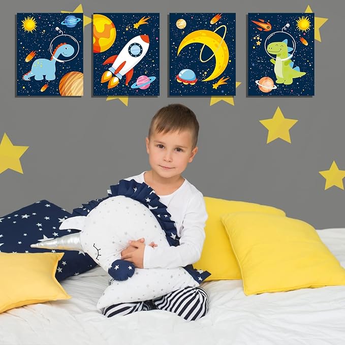 KAIRNE Outer Space Dinosaur Room Decor,Solar System Stars Wall Canvas Poster,Set Of 4 (8X10inch,framed) Planet Astronaut Art Print,Rocket Decor for Boys Room Toddler Kids Room Classroom Space Decor