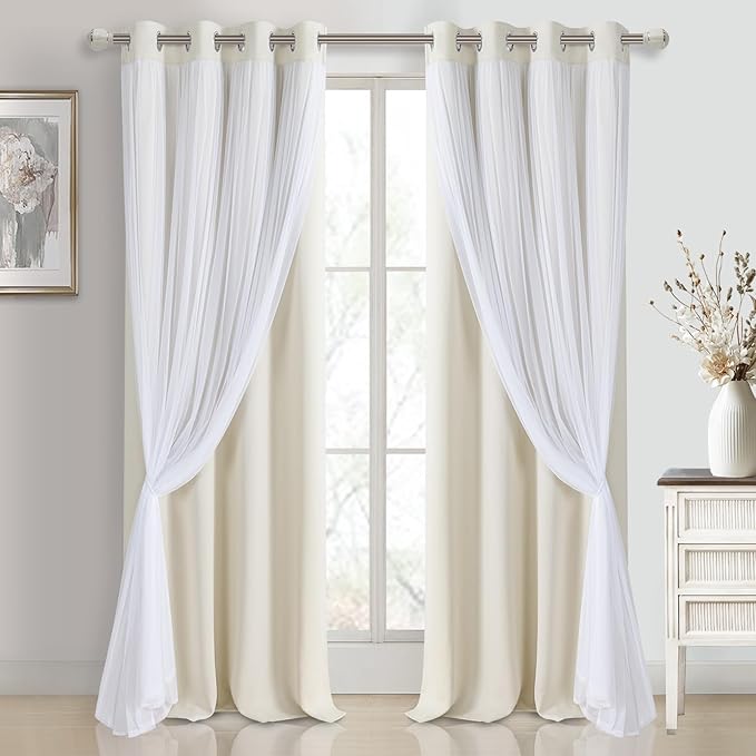 DWCN Blackout and Sheer Curtains with Tiebacks Layered Curtains for Living Room Grommet Top Window Curtain Panels with Sheer Overlay, 52 W by 108 L, Ivory, 2 Pieces