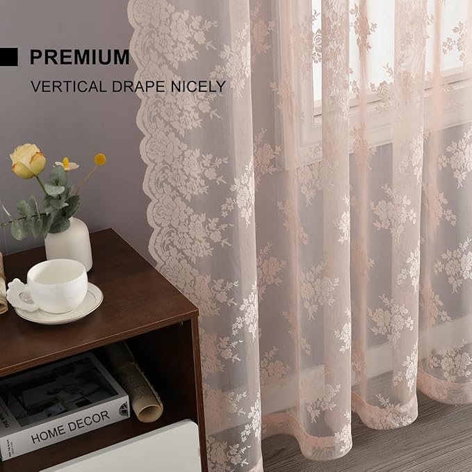 Kotile Pink Lace Curtains for Girls Bedroom - Rustic Vintage Floral Pattern Sheer Curtains 72 Inch Length, Privacy Rod Pocket Scalloped Lace Curtain for Windows, 52 x 72 Inch, 2 Panels, Blush Pink