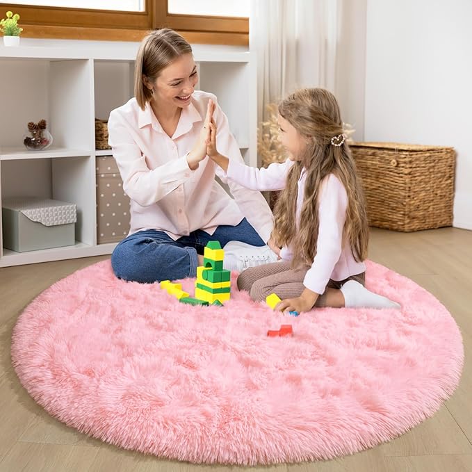 EVOIONOS Pink Round Rug for Bedroom, 5x5 Ft Fluffy Soft Circle Area Rugs for Living Room, Plush Shaggy Circular Carpet for Indoor Floor Bedside Girls Nursery, Machine-Washable Home Decor Aesthetic