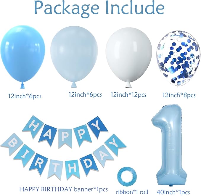 Baby Blue White Balloons And 40inch 1 Balloon, First Birthday Decorations For boy With blue White Confetti Balloons, Happy Birthday Banner Large 1 Balloon For Baby Boys Birthday Party Decorations