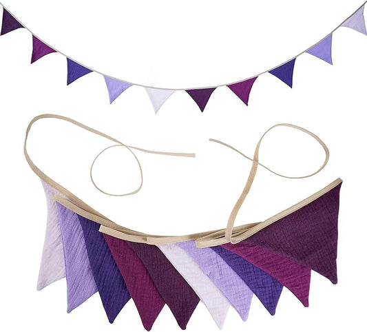 Fabric Bunting Banner, 2 Pack Handmade Neutral String Banner Each 8.5 ft 10 Flags Nursery Wall Hanging Wedding Birthday Home Baby Shower Party Decoration Bunting (Purple)