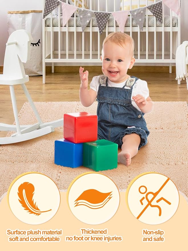 12 pcs Thickened Plush Foam Interlocking Floor Mat, Interlocking Foam Tiles with Edgings for Kids, Soft Anti-Slip Puzzle Area Square Rug Playmat for Children Room Bedroom(11.8", Light Brown)