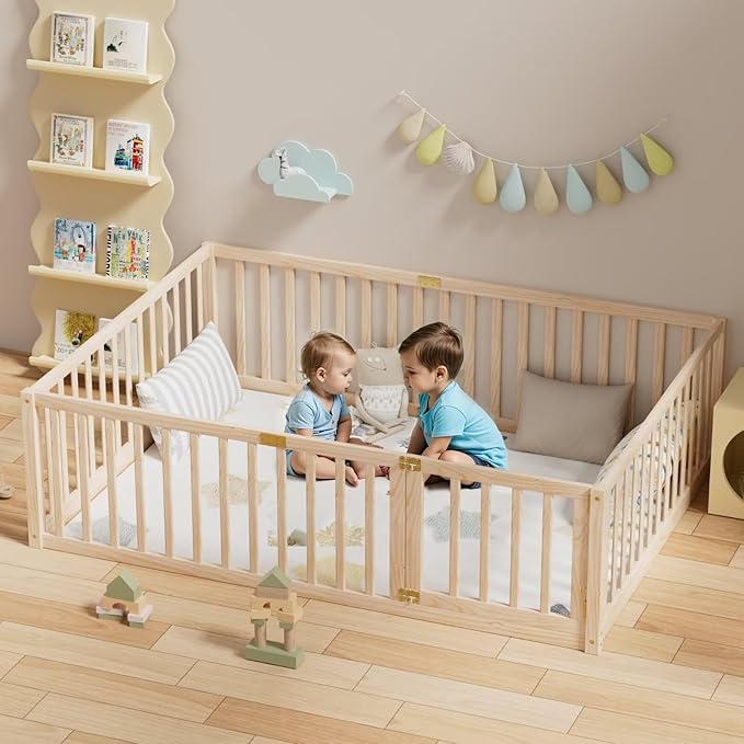 LLS Full Size Floor Bed with 21.6" High Fence for Kids Boys Girls, Solid Wood Multifunctional Montessori Bed Frame with Door, Without Slats, Natural