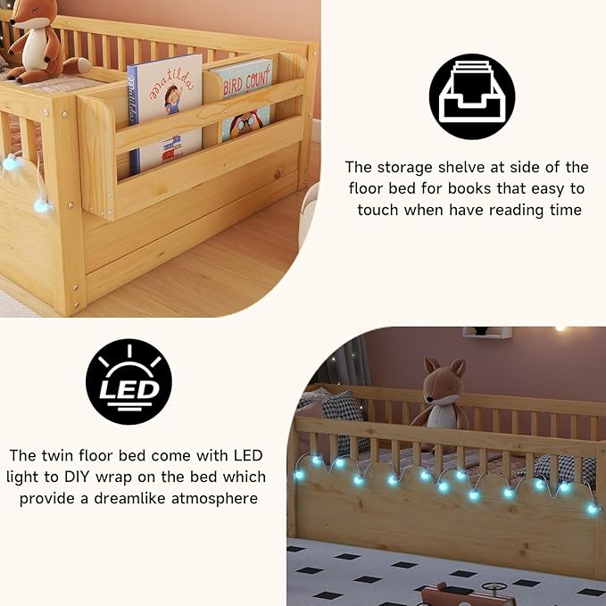 Twin Toddler Floor Bed with High Rails, Kids Montessori Bed Frame with Light and Storage Shelf, Wooden Twin Size Bed Frame for Girls and Boys, Natural