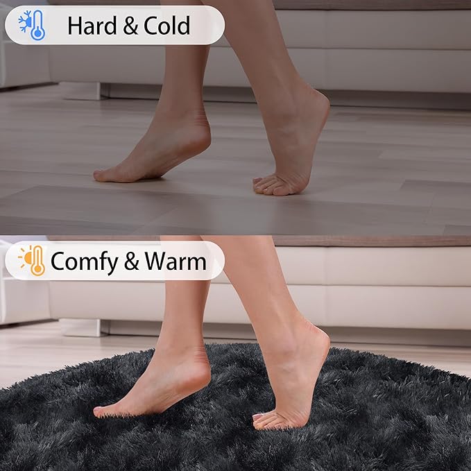 7 ft Round Fluffy Large Black Rug for bedroom,Tie Dyed Furry Round Carpet Non Slip Fuzzy Shaggy Plush Circle Big Area Rug for living room Room Nursery Room Playroom Kids Room Home Decor Washable