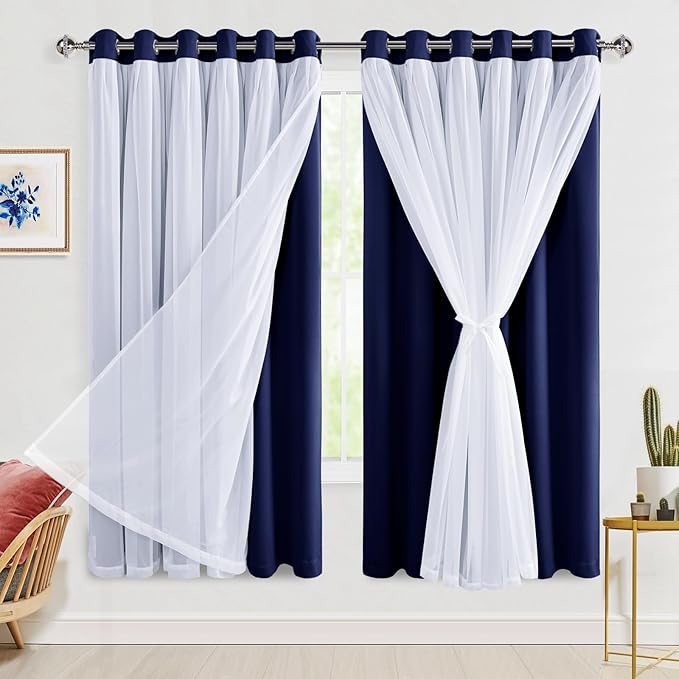 Hiasan Blackout Curtains with Sheer Overlay, Thermal Insulated Privacy Mix and Match Double Layer Window Curtains for Bedroom, Living Room, 2 Drape Panels Sewn with Tiebacks, Navy Blue, 70W X 63L