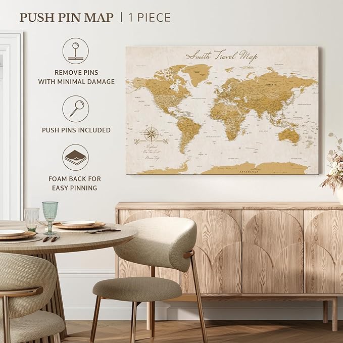 ElephantStock - Personalized Travel Push Pin World Map Wall Art - Horizontal Canvas Wall Art - Living Room Wall Decor - Digital Art Map Canvas Art - Orange And Beige Decor - 36" x 24"