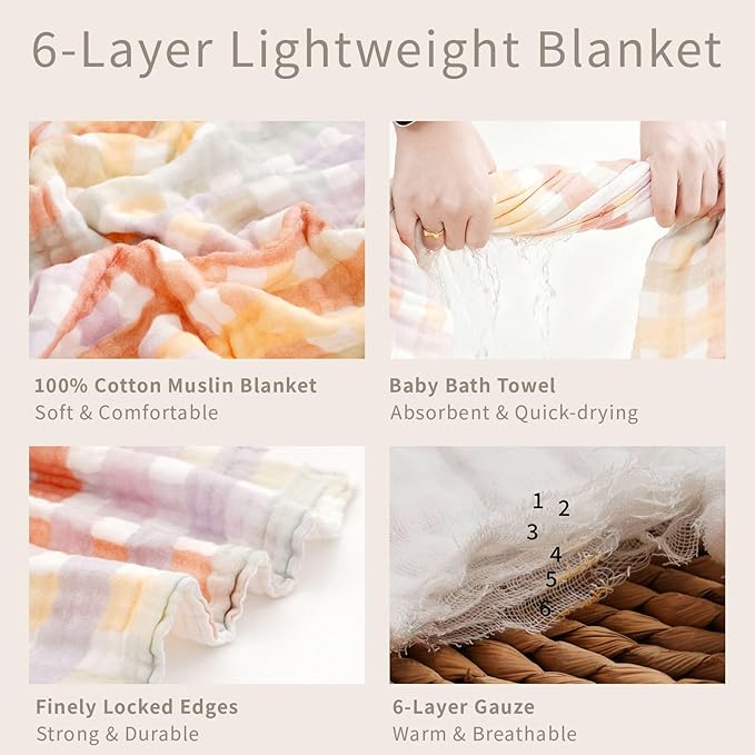 Muslin Swaddle Blankets 6-Layer Cotton Baby Blankets for Boys & Girls 43"X43"Inches Receiving Blankets,Soft Skin-Friendly Baby Crib Blanket,Breathable Quilt Bedspread(Rainbow Grid)