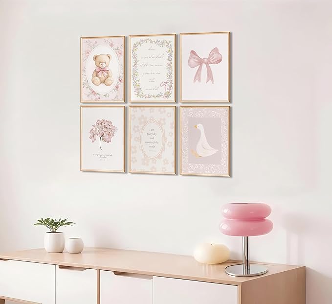 6Pcs Pink Christian Nursery Wall Art Bible Verse Pictures Painting Picture Wall Decor Jesus Aesthetic Scripture Coquette Bow Vintage Floral Poster Print Artwork for Girl Nursery Room Home Decoration