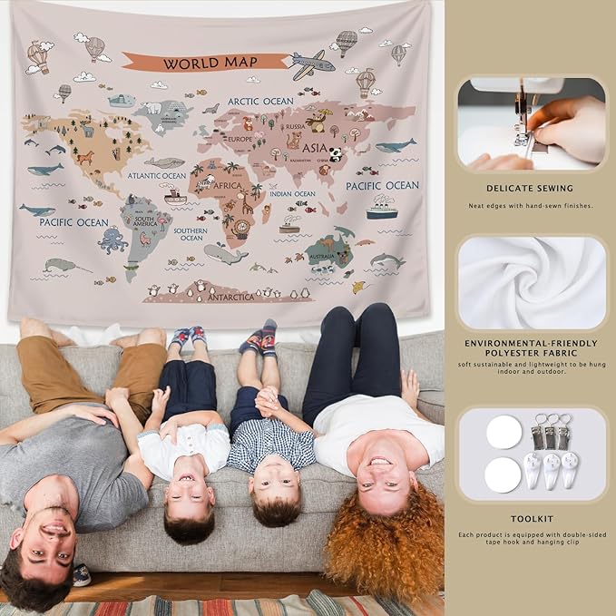 LIANGW Kids World Map Tapestry, Animal Continents Educational Geography Wall Hanging, Wildlife Learning Wall Blanket for Nursery, Classroom, Toddler Bedroom, Playroom Decor 50x60 Inch