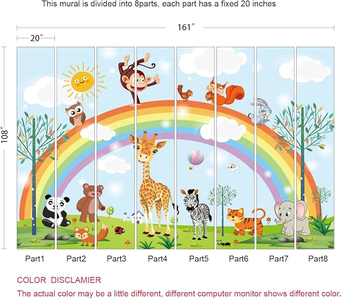 Rainbow Kids Wallpaper Nursery Cartoon Animal Fairy Colorful Wall Mural for Bedroom Living Room (Not Peel n' Stick)