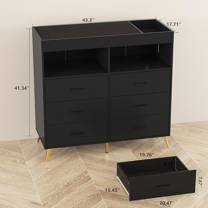 Dresser for Bedroom with LED Lights and Power Outlet, Baby Changing Table Dresser with 6 Drawers, 2 Open Storage Shelves, Baby Diaper Station with Changing Table Top (Black)