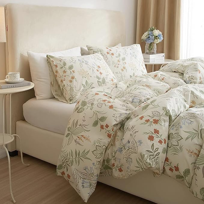 HighBuy Garden Floral Duvet Cover Queen Size Cotton Bedding Comforter Cover Set with Zipper Ties,Paisley Jacquard Floral Hotel Quality,1 Duvet Covers and 2 Pillowcases,Queen Bed Set