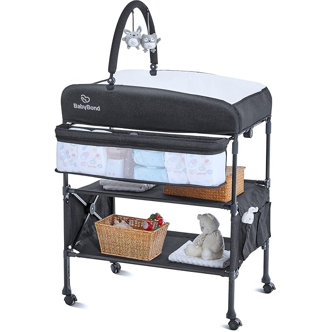 Portable Baby Changing Table, BabyBond Foldable Changing Table Dresser Waterproof Diaper Changing Table Height Adjustable Changing Station for Infant and Newborn(Grey)