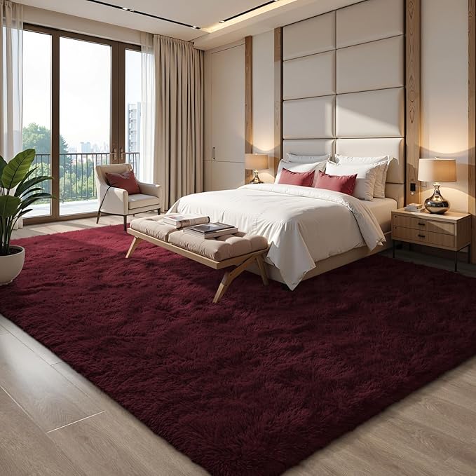 EVOIONOS 5x7 Washable Large Area Rug for Living Room, Fluffy Shag Bedroom Rug, Ultra Soft Plush Non Slip Carpet Indoor Floor Bedside Nursery Kids Girls Room Dorm, Home Decor Aesthetic, Midnight Red