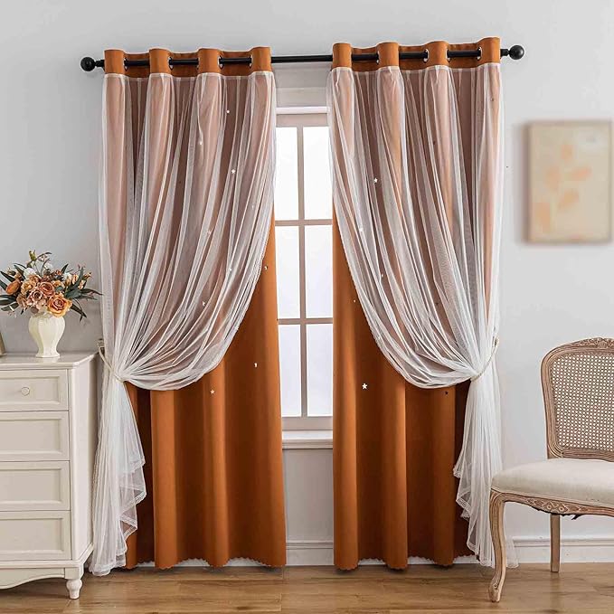 Anytime Romantic Kids Curtain,Hollow-Out Stars Window Curtain Double Layer Blackout Curtains for Girls Bedroom Kids Room 2Panel,(W52 x L84,Orange)