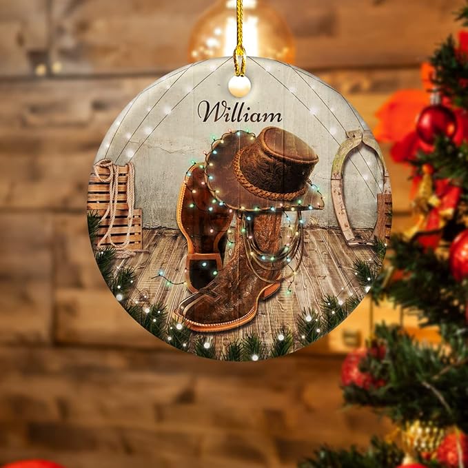 wowcugi Cowboy Ornament for Christmas Tree Custom Name Customized Western Ornaments Ceramic Cowboys Boots Ornaments Xmas Tree Decoration Keepsake Gifts for Men Boys