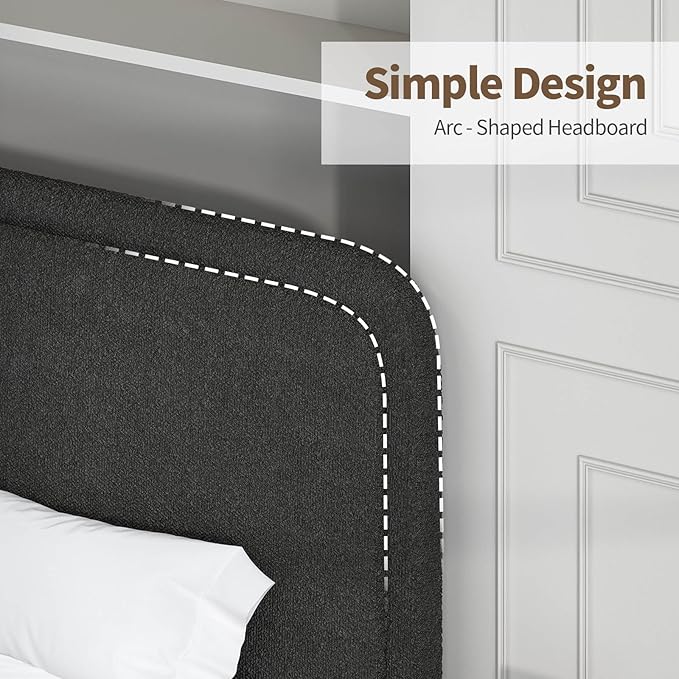 BarnFurin Twin Size Bed Frame, Boucle Upholstered Platform Bed Frame with Headboard, Modern Style, Soft Rounded Corners, No Box Spring Required, Easy Assembly, Black