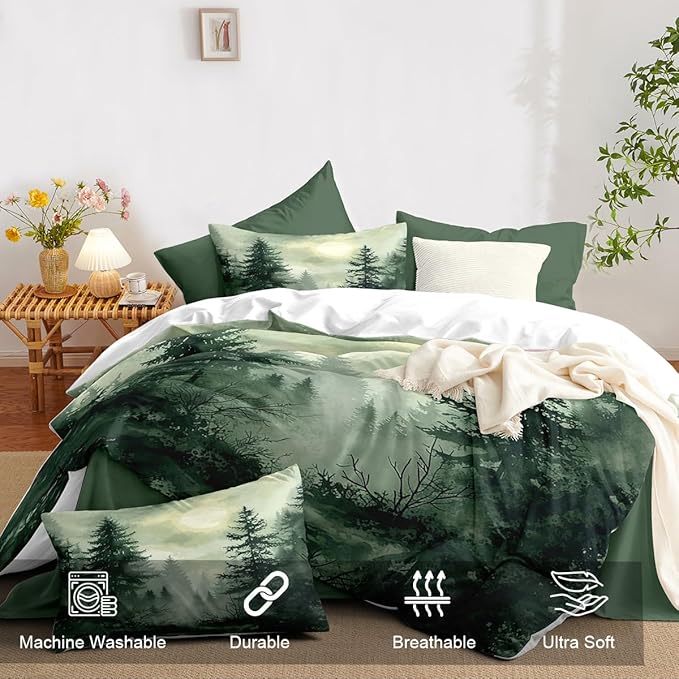 Pine Tree Duvet Cover King Size Forest Olive Green Duvet Cover Set Gradient Watercolor Botanical Bedding Set Soft Breathable Microfiber Comforter Cover(2 Pillowcases, No Comforter)