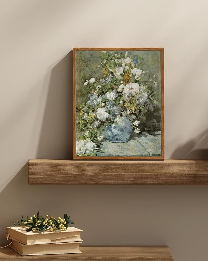 ARPEOTCY Floral Framed Canvas Wall Art Prints, Vintage French Flower Wall Art Home Decor, Ceramic Vase Floral Oil Painting for Living Room, Bedroom, Bathroom, Office Decor, 9"x11"