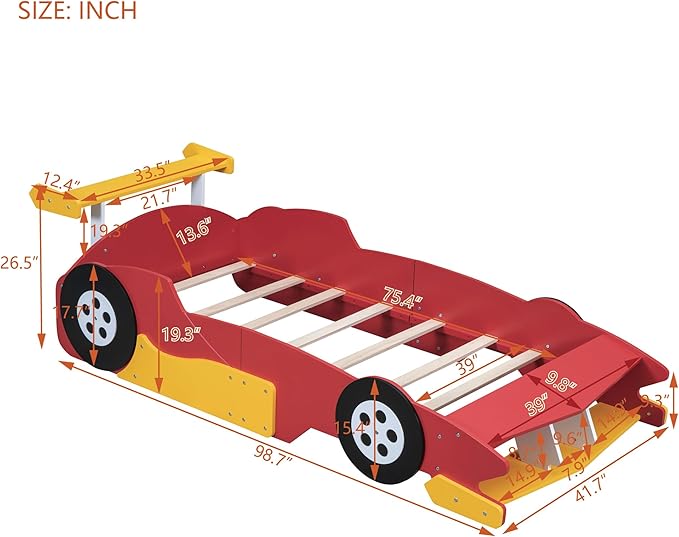 Twin Size Race Car-Shaped Platform Bed Bedframe with Wheels 98.7" L x 41.7" W x 26.5" H, Red