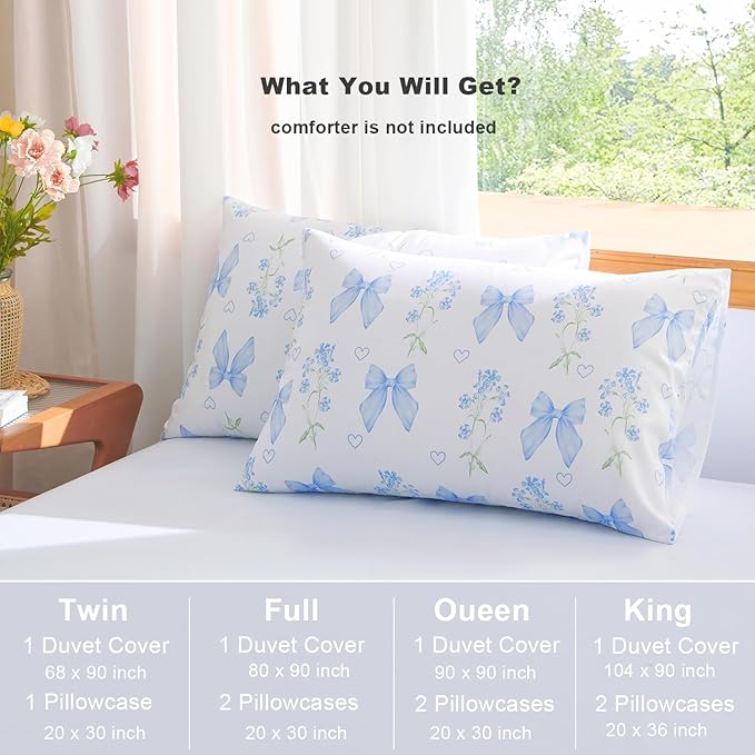 Blue Bow Duvet Cover King 3Pcs Girls Floral Duvet Cover Set, Cute Romantic Princess Style Bowknot Bedding Set Soft Microfiber Garden Flower Bedding with 2 Pillowcases(No Comforter)