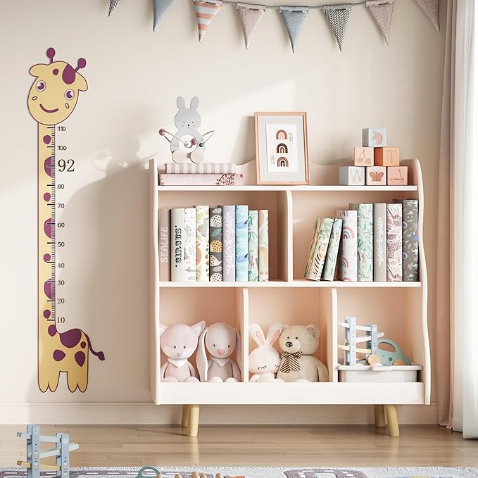 Treocho Kids Bookshelf and Toy Storage Orangizer, 3-Tier Wooden Children's Bookcase with Curve Design, 5 Cubbies Toy Storage Cabinet Display with Legs for Children's Room, Playroom, School, Pink