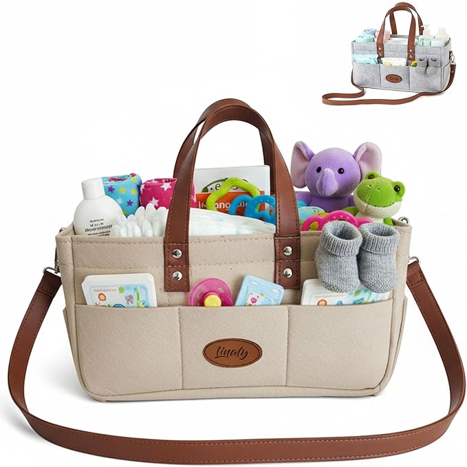 Felt Diaper Caddy Organizer, Portable Nursery Basket for Diapers, Caddy for Baby Stuff Storage, Baby Shower Must Haves Gift, Grey Felt for Changing For Car, Long Handles (Beige Desert)