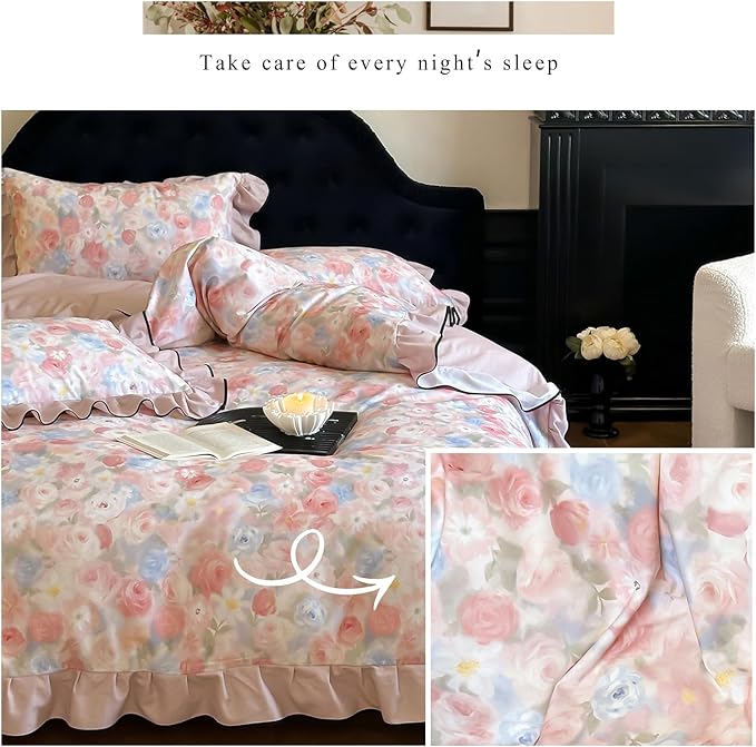 HighBuy Girl Ruffle Duvet Cover Set Twin XL Pink Lace Floral Ruffle Design,Vintage Brushed Cotton Ruffled Bedding Set French Breathable Farmhouse Bedding - 1 Twin XL Duvet Cover 2 Pillowcases
