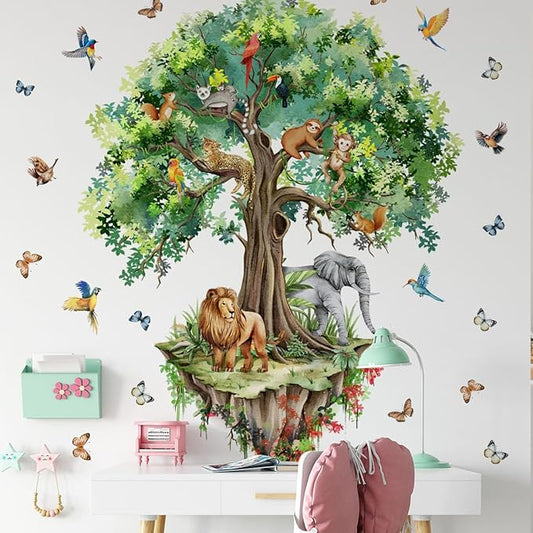 Suspended Tree Wall Decals Jungle Safari Animals Wall Decal Stickers for Kids Bedroom Playroom Nursary Classroom 51.57x48.03 inches