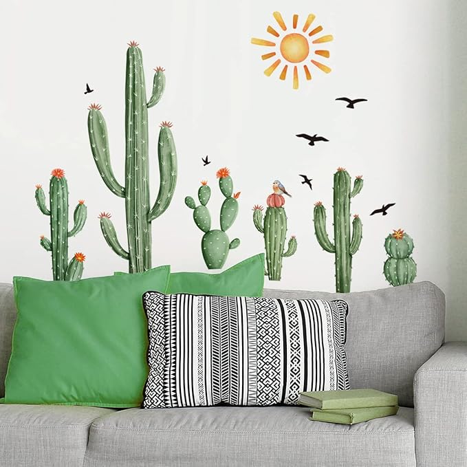 Boho Cactus Wall Decals Boho Sun Wall Stickers Tropical Cacti Green Plants with Birds Wall Decals for Living Room, Bedroom, Kitchen, Dining Room