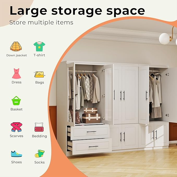 Armoire Wardrobe Closet with Glass Door: White 6 Door Wood Wardrobe Closet Combination Wooden Bedroom Armoire 2 Drawer with Hanging Rods for Home/Bedroom/Living Room
