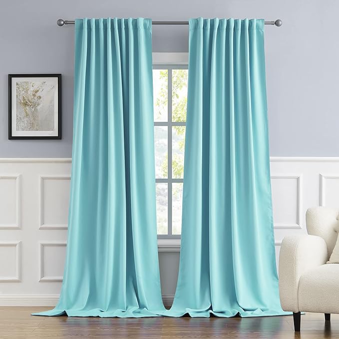 DUALIFE 120 Inches Long Curtains - 2 Panels Rod Pocket and Back Tab Thermal Insulated Room Darkening Curtains for Living Room (52 by 120 Inch Length,Aqua, 2 Panels)