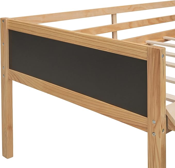 Play Fun Design Twin Size Loft Bed with Slide and Rope Climbing Ladder for Kids Boys Girls, Solid Wood Loft Bed Frame with 2 Storage Boxes and Double-sided Chalkboard, Sturdy Slat Support (Natrual-2)