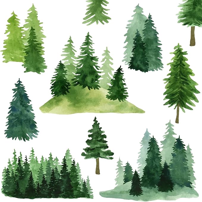 Watercolor Pine Tree Wall Decals Green Pine Tree Wall Sticker Large Tree Wall Decals Nature Woodland Forest Tree Wall Stickers for Nursery Bedroom Living Room Decor