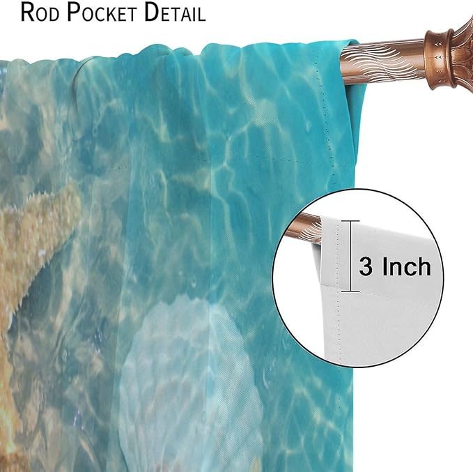 Beach Curtain for Bathroom Decor，Sea Turtle Starfish Seashell Nautical Ocean Coastal Scenery Art Printed Fabric Polyester Waterproof Set 2 Panels,52x84 Inches