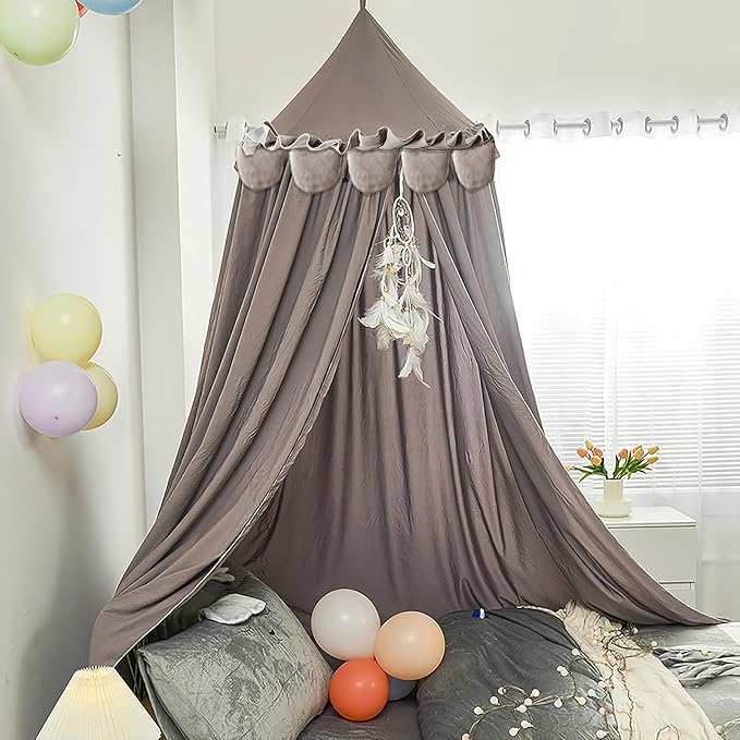 Kids Bed Canopy for Girls Room Canopy for Crib Nursery Blocking Light Hanging Reading Canopy (Ruffle Gray)