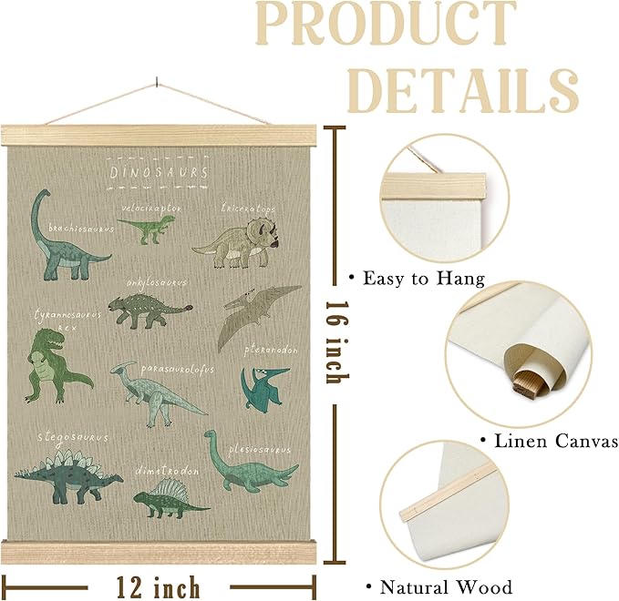 BCUANGD Dinosaur Dino Wall Decor - Beige Baby Toddler Boys Room Wall Art Poster Hanger with Wood Frames, Inspirational Wall Hanging Canvas Decor for Kids Room Nursery Bedroom, 12x16 Inches
