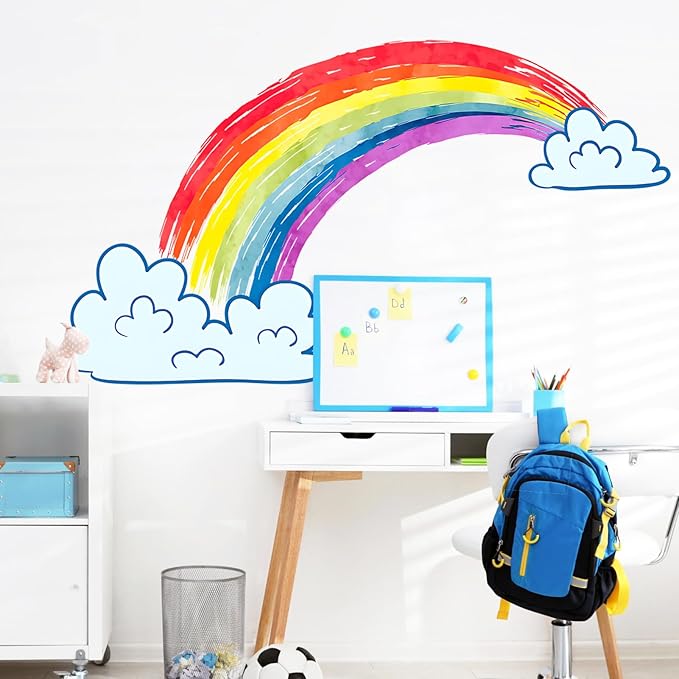 Rainbow Wall Decals Watercolor Rainbow Decor for Kids Room, Cute Watercolor Rainbow Wall Stickers Cloud Wall Decor Murals Decorations for Classroom Girls Room Nursery