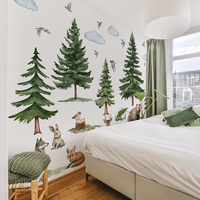 Mountain Tree Wall Stickers for Kids Bedroom, Large Pine Tree Wall Art with Deer, Bear, Rabbit, Fox, Wolf & Hedgehog, Wall Decals Peel and Stick Decal for Nursery Kids Room Décor
