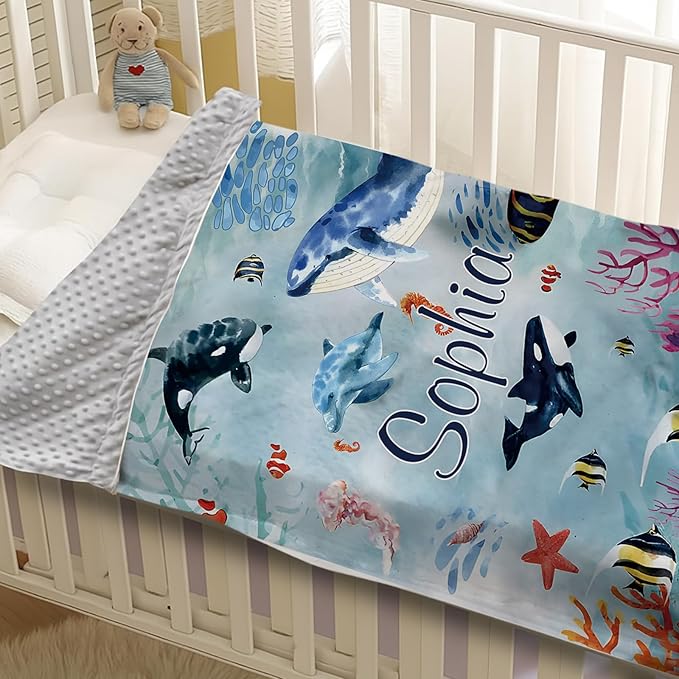 Custom Baby Blanket - Ocean Animals Theme Personalized Name Blanket for Boys Girls, Soft Infant Toddler Blanket with Whale and Dolphin, Customizable Nursery Bedding (30”x40)