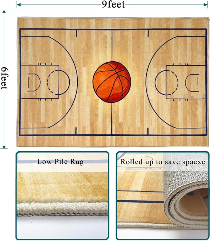 Basketball Rug 6x9 Washable Low Pile - Non Slip Sports Carpet for Boys Bedroom Decor, Kids Game Room Mat Area Rug Man Cave Carpet Mat