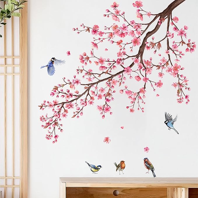 Pink Blossom Tree Wall Decals Birds on Branch Wall Stickers Pink Floral Wall Decor Flower Wall Decals for Bedroom Living Room Girls Room Nursery Office(Pink Blossom Tree)