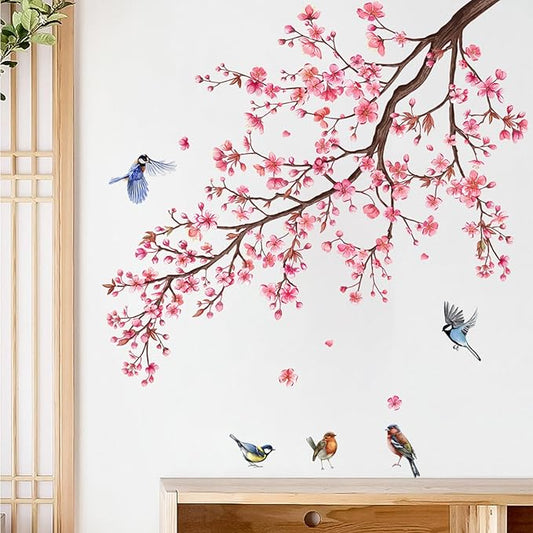 Pink Blossom Tree Wall Decals Birds on Branch Wall Stickers Pink Floral Wall Decor Flower Wall Decals for Bedroom Living Room Girls Room Nursery Office(Pink Blossom Tree)